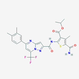 molecular formula C26H24F3N5O4S B454943 Isopropyl 5-(aminocarbonyl)-2-({[5-(3,4-dimethylphenyl)-7-(trifluoromethyl)pyrazolo[1,5-a]pyrimidin-2-yl]carbonyl}amino)-4-methyl-3-thiophenecarboxylate 