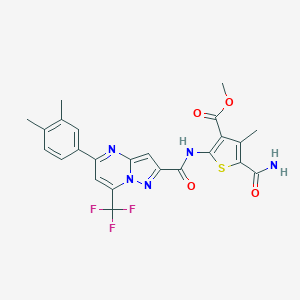 molecular formula C24H20F3N5O4S B454949 Methyl 5-(aminocarbonyl)-2-({[5-(3,4-dimethylphenyl)-7-(trifluoromethyl)pyrazolo[1,5-a]pyrimidin-2-yl]carbonyl}amino)-4-methyl-3-thiophenecarboxylate 