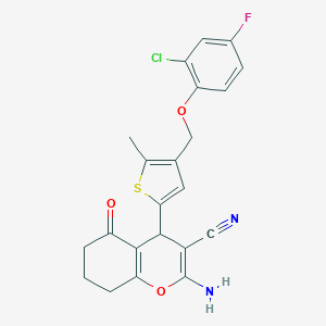 molecular formula C22H18ClFN2O3S B455006 2-amino-4-{4-[(2-chloro-4-fluorophenoxy)methyl]-5-methylthiophen-2-yl}-5-oxo-5,6,7,8-tetrahydro-4H-chromene-3-carbonitrile 