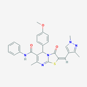 molecular formula C27H25N5O3S B455014 (2E)-2-[(1,3-二甲基吡唑-4-基)亚甲基]-5-(4-甲氧基苯基)-7-甲基-3-氧代-N-苯基-5H-[1,3]噻唑并[3,2-a]嘧啶-6-甲酰胺 CAS No. 512810-38-7