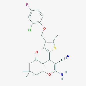 molecular formula C24H22ClFN2O3S B455016 2-amino-4-{4-[(2-chloro-4-fluorophenoxy)methyl]-5-methyl-2-thienyl}-7,7-dimethyl-5-oxo-5,6,7,8-tetrahydro-4H-chromene-3-carbonitrile 
