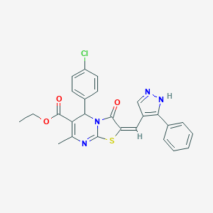 molecular formula C26H21ClN4O3S B455025 ethyl (2E)-5-(4-chlorophenyl)-7-methyl-3-oxo-2-[(3-phenyl-1H-pyrazol-4-yl)methylidene]-2,3-dihydro-5H-[1,3]thiazolo[3,2-a]pyrimidine-6-carboxylate 