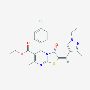 molecular formula C23H23ClN4O3S B455037 ethyl (2E)-5-(4-chlorophenyl)-2-[(1-ethyl-3-methyl-1H-pyrazol-4-yl)methylidene]-7-methyl-3-oxo-2,3-dihydro-5H-[1,3]thiazolo[3,2-a]pyrimidine-6-carboxylate 