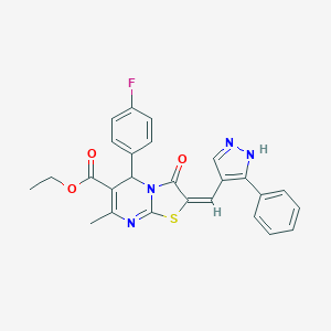 molecular formula C26H21FN4O3S B455042 ethyl (2E)-5-(4-fluorophenyl)-7-methyl-3-oxo-2-[(3-phenyl-1H-pyrazol-4-yl)methylidene]-2,3-dihydro-5H-[1,3]thiazolo[3,2-a]pyrimidine-6-carboxylate 