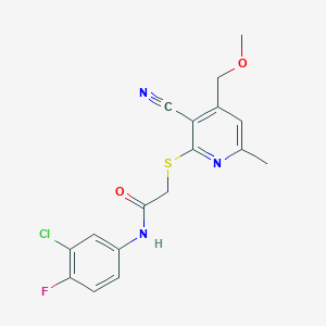 molecular formula C17H15ClFN3O2S B4550446 N-(3-chloro-4-fluorophenyl)-2-{[3-cyano-4-(methoxymethyl)-6-methylpyridin-2-yl]sulfanyl}acetamide 