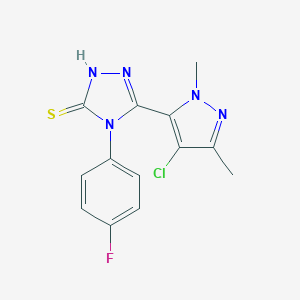 molecular formula C13H11ClFN5S B455050 5-(4-chloro-1,3-dimethyl-1H-pyrazol-5-yl)-4-(4-fluorophenyl)-4H-1,2,4-triazole-3-thiol 