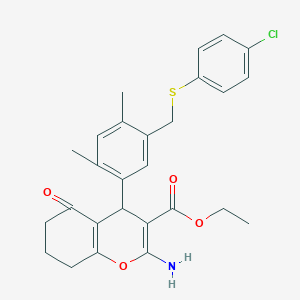ethyl 2-amino-4-(5-{[(4-chlorophenyl)sulfanyl]methyl}-2,4-dimethylphenyl)-5-oxo-5,6,7,8-tetrahydro-4H-chromene-3-carboxylate
