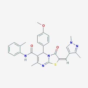 molecular formula C28H27N5O3S B455060 2-[(1,3-dimethyl-1H-pyrazol-4-yl)methylene]-5-(4-methoxyphenyl)-7-methyl-N-(2-methylphenyl)-3-oxo-2,3-dihydro-5H-[1,3]thiazolo[3,2-a]pyrimidine-6-carboxamide 