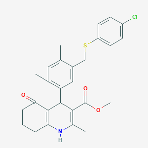molecular formula C27H28ClNO3S B455070 Methyl 4-(5-{[(4-chlorophenyl)sulfanyl]methyl}-2,4-dimethylphenyl)-2-methyl-5-oxo-1,4,5,6,7,8-hexahydro-3-quinolinecarboxylate 