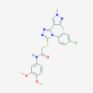 molecular formula C23H23ClN6O3S B455097 2-{[4-(4-chlorophenyl)-5-(1,3-dimethyl-1H-pyrazol-4-yl)-4H-1,2,4-triazol-3-yl]sulfanyl}-N-(3,4-dimethoxyphenyl)acetamide 