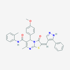 (2E)-5-(4-methoxyphenyl)-7-methyl-N-(2-methylphenyl)-3-oxo-2-[(3-phenyl-1H-pyrazol-4-yl)methylidene]-2,3-dihydro-5H-[1,3]thiazolo[3,2-a]pyrimidine-6-carboxamide