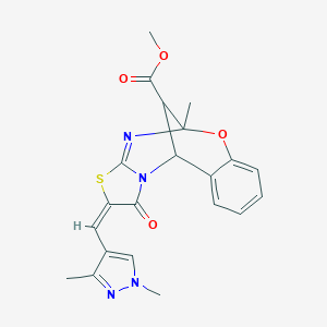 molecular formula C21H20N4O4S B455101 Methyl (13E)-13-[(1,3-dimethylpyrazol-4-yl)methylidene]-9-methyl-14-oxo-8-oxa-12-thia-10,15-diazatetracyclo[7.6.1.02,7.011,15]hexadeca-2,4,6,10-tetraene-16-carboxylate CAS No. 1005041-39-3