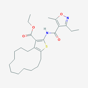 molecular formula C25H36N2O4S B455120 ethyl 2-{[(3-ethyl-5-methyl-4-isoxazolyl)carbonyl]amino}-5,6,7,8,9,10,11,12,13,14-decahydro-4H-cyclotrideca[b]thiophene-3-carboxylate 