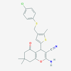 molecular formula C24H23ClN2O2S2 B455122 2-amino-4-(4-{[(4-chlorophenyl)sulfanyl]methyl}-5-methyl-2-thienyl)-7,7-dimethyl-5-oxo-5,6,7,8-tetrahydro-4H-chromene-3-carbonitrile 