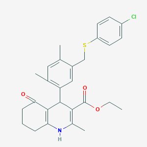 molecular formula C28H30ClNO3S B455125 Ethyl 4-(5-{[(4-chlorophenyl)sulfanyl]methyl}-2,4-dimethylphenyl)-2-methyl-5-oxo-1,4,5,6,7,8-hexahydro-3-quinolinecarboxylate 
