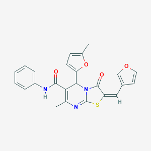 molecular formula C24H19N3O4S B455127 (E)-2-(furan-3-ylmethylene)-7-methyl-5-(5-methylfuran-2-yl)-3-oxo-N-phenyl-3,5-dihydro-2H-thiazolo[3,2-a]pyrimidine-6-carboxamide CAS No. 512811-50-6