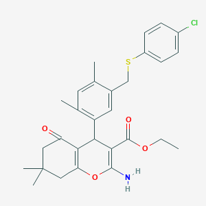 ethyl 2-amino-4-(5-{[(4-chlorophenyl)sulfanyl]methyl}-2,4-dimethylphenyl)-7,7-dimethyl-5-oxo-5,6,7,8-tetrahydro-4H-chromene-3-carboxylate
