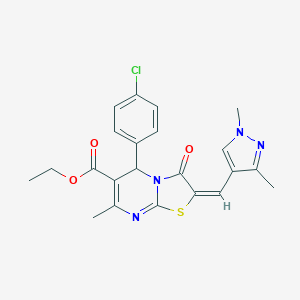 molecular formula C22H21ClN4O3S B455144 (E)-ethyl 5-(4-chlorophenyl)-2-((1,3-dimethyl-1H-pyrazol-4-yl)methylene)-7-methyl-3-oxo-3,5-dihydro-2H-thiazolo[3,2-a]pyrimidine-6-carboxylate CAS No. 512811-59-5