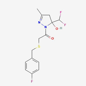 molecular formula C14H15F3N2O2S B4551573 1-[5-(difluoromethyl)-5-hydroxy-3-methyl-4,5-dihydro-1H-pyrazol-1-yl]-2-[(4-fluorobenzyl)sulfanyl]ethanone 