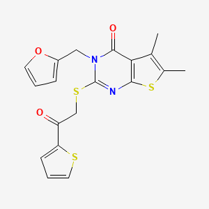 molecular formula C19H16N2O3S3 B4552018 3-[(furan-2-yl)methyl]-5,6-dimethyl-2-{[2-oxo-2-(thiophen-2-yl)ethyl]sulfanyl}-3H,4H-thieno[2,3-d]pyrimidin-4-one 