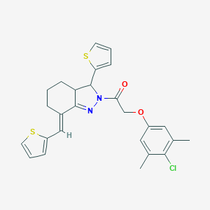 molecular formula C26H25ClN2O2S2 B455243 (7E)-2-[(4-chloro-3,5-dimethylphenoxy)acetyl]-3-thien-2-yl-7-(thien-2-ylmethylene)-3,3a,4,5,6,7-hexahydro-2H-indazole 