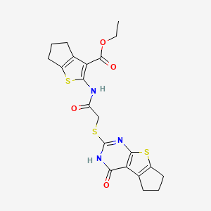 Ethyl 2-[2-(4-oxo-3,5,6,7-tetrahydrocyclopenta[1,2-d]pyrimidino[4,5-b]thiophen-2-ylthio)acetylamino]-4,5,6-trihydrocyclopenta[2,1-b]thiophene-3-carboxylate