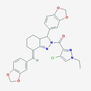 molecular formula C28H25ClN4O5 B455277 3-(1,3-benzodioxol-5-yl)-7-(1,3-benzodioxol-5-ylmethylene)-2-[(4-chloro-1-ethyl-1H-pyrazol-3-yl)carbonyl]-3,3a,4,5,6,7-hexahydro-2H-indazole 