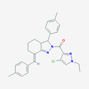 molecular formula C28H29ClN4O B455286 2-[(4-chloro-1-ethyl-1H-pyrazol-3-yl)carbonyl]-7-(4-methylbenzylidene)-3-(4-methylphenyl)-3,3a,4,5,6,7-hexahydro-2H-indazole 