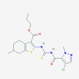 molecular formula C19H23ClN4O3S2 B455296 propyl 2-({[(4-chloro-1-methyl-1H-pyrazol-5-yl)carbonyl]carbamothioyl}amino)-6-methyl-4,5,6,7-tetrahydro-1-benzothiophene-3-carboxylate 