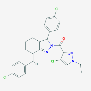 molecular formula C26H23Cl3N4O B455305 7-(4-chlorobenzylidene)-2-[(4-chloro-1-ethyl-1H-pyrazol-3-yl)carbonyl]-3-(4-chlorophenyl)-3,3a,4,5,6,7-hexahydro-2H-indazole 