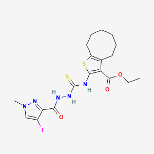 molecular formula C19H24IN5O3S2 B4553574 ethyl 2-[({2-[(4-iodo-1-methyl-1H-pyrazol-3-yl)carbonyl]hydrazino}carbonothioyl)amino]-4,5,6,7,8,9-hexahydrocycloocta[b]thiophene-3-carboxylate 