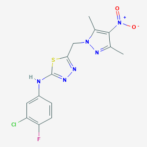 molecular formula C14H12ClFN6O2S B455394 2-(3-chloro-4-fluoroanilino)-5-({4-nitro-3,5-dimethyl-1H-pyrazol-1-yl}methyl)-1,3,4-thiadiazole 