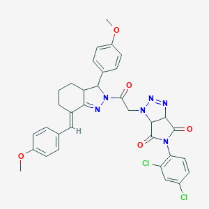 molecular formula C34H30Cl2N6O5 B455413 5-(2,4-dichlorophenyl)-1-{2-[(7E)-7-(4-methoxybenzylidene)-3-(4-methoxyphenyl)-3,3a,4,5,6,7-hexahydro-2H-indazol-2-yl]-2-oxoethyl}-3a,6a-dihydropyrrolo[3,4-d][1,2,3]triazole-4,6(1H,5H)-dione 