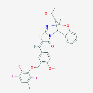 molecular formula C30H22F4N2O5S B455416 (13E)-16-acetyl-13-[[4-methoxy-3-[(2,3,5,6-tetrafluorophenoxy)methyl]phenyl]methylidene]-9-methyl-8-oxa-12-thia-10,15-diazatetracyclo[7.6.1.02,7.011,15]hexadeca-2,4,6,10-tetraen-14-one 