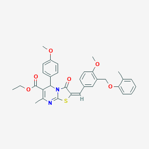 molecular formula C33H32N2O6S B455418 ethyl (2E)-2-{4-methoxy-3-[(2-methylphenoxy)methyl]benzylidene}-5-(4-methoxyphenyl)-7-methyl-3-oxo-2,3-dihydro-5H-[1,3]thiazolo[3,2-a]pyrimidine-6-carboxylate 