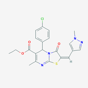 molecular formula C21H19ClN4O3S B455422 ethyl (2E)-5-(4-chlorophenyl)-7-methyl-2-[(1-methyl-1H-pyrazol-4-yl)methylidene]-3-oxo-2,3-dihydro-5H-[1,3]thiazolo[3,2-a]pyrimidine-6-carboxylate 