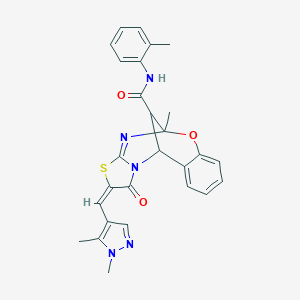 molecular formula C27H25N5O3S B455456 (13E)-13-[(1,5-dimethylpyrazol-4-yl)methylidene]-9-methyl-N-(2-methylphenyl)-14-oxo-8-oxa-12-thia-10,15-diazatetracyclo[7.6.1.02,7.011,15]hexadeca-2,4,6,10-tetraene-16-carboxamide 