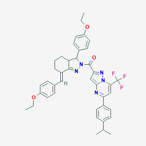 molecular formula C41H40F3N5O3 B455460 2-{[7-(4-ethoxybenzylidene)-3-(4-ethoxyphenyl)-3,3a,4,5,6,7-hexahydro-2H-indazol-2-yl]carbonyl}-5-(4-isopropylphenyl)-7-(trifluoromethyl)pyrazolo[1,5-a]pyrimidine 