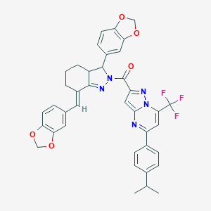 molecular formula C39H32F3N5O5 B455466 2-{[3-(1,3-benzodioxol-5-yl)-7-(1,3-benzodioxol-5-ylmethylene)-3,3a,4,5,6,7-hexahydro-2H-indazol-2-yl]carbonyl}-5-(4-isopropylphenyl)-7-(trifluoromethyl)pyrazolo[1,5-a]pyrimidine 