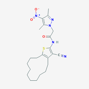 molecular formula C22H29N5O3S B455469 N-(3-cyano-4,5,6,7,8,9,10,11,12,13-decahydrocyclododeca[b]thiophen-2-yl)-2-(3,5-dimethyl-4-nitro-1H-pyrazol-1-yl)acetamide 
