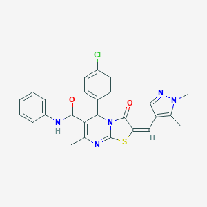 molecular formula C26H22ClN5O2S B455478 5-(4-chlorophenyl)-2-[(1,5-dimethyl-1H-pyrazol-4-yl)methylene]-7-methyl-3-oxo-N-phenyl-2,3-dihydro-5H-[1,3]thiazolo[3,2-a]pyrimidine-6-carboxamide 