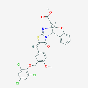 methyl (13E)-13-[[4-methoxy-3-[(2,4,6-trichlorophenoxy)methyl]phenyl]methylidene]-9-methyl-14-oxo-8-oxa-12-thia-10,15-diazatetracyclo[7.6.1.02,7.011,15]hexadeca-2,4,6,10-tetraene-16-carboxylate
