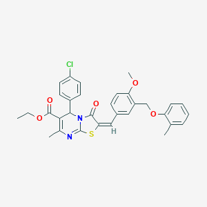 molecular formula C32H29ClN2O5S B455480 ethyl 5-(4-chlorophenyl)-2-{4-methoxy-3-[(2-methylphenoxy)methyl]benzylidene}-7-methyl-3-oxo-2,3-dihydro-5H-[1,3]thiazolo[3,2-a]pyrimidine-6-carboxylate 