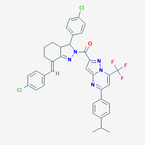 molecular formula C37H30Cl2F3N5O B455485 2-{[7-(4-chlorobenzylidene)-3-(4-chlorophenyl)-3,3a,4,5,6,7-hexahydro-2H-indazol-2-yl]carbonyl}-5-(4-isopropylphenyl)-7-(trifluoromethyl)pyrazolo[1,5-a]pyrimidine 