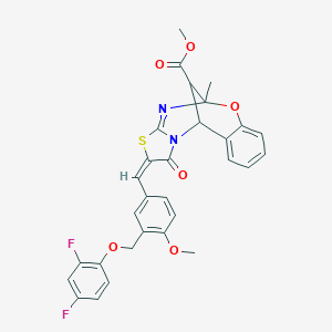 molecular formula C30H24F2N2O6S B455486 methyl (13E)-13-[[3-[(2,4-difluorophenoxy)methyl]-4-methoxyphenyl]methylidene]-9-methyl-14-oxo-8-oxa-12-thia-10,15-diazatetracyclo[7.6.1.02,7.011,15]hexadeca-2,4,6,10-tetraene-16-carboxylate 