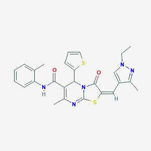 molecular formula C26H25N5O2S2 B455531 (2E)-2-[(1-ethyl-3-methyl-1H-pyrazol-4-yl)methylidene]-7-methyl-N-(2-methylphenyl)-3-oxo-5-(thiophen-2-yl)-2,3-dihydro-5H-[1,3]thiazolo[3,2-a]pyrimidine-6-carboxamide 