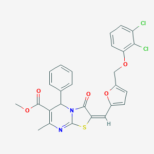 molecular formula C27H20Cl2N2O5S B455535 methyl 2-({5-[(2,3-dichlorophenoxy)methyl]-2-furyl}methylene)-7-methyl-3-oxo-5-phenyl-2,3-dihydro-5H-[1,3]thiazolo[3,2-a]pyrimidine-6-carboxylate 