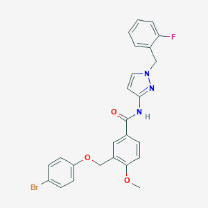 molecular formula C25H21BrFN3O3 B455538 3-[(4-bromophenoxy)methyl]-N-[1-(2-fluorobenzyl)-1H-pyrazol-3-yl]-4-methoxybenzamide 