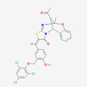 (13E)-16-acetyl-13-[[4-methoxy-3-[(2,4,6-trichlorophenoxy)methyl]phenyl]methylidene]-9-methyl-8-oxa-12-thia-10,15-diazatetracyclo[7.6.1.02,7.011,15]hexadeca-2,4,6,10-tetraen-14-one