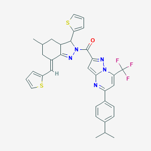 molecular formula C34H30F3N5OS2 B455544 5-(4-isopropylphenyl)-2-{[5-methyl-3-(2-thienyl)-7-(2-thienylmethylene)-3,3a,4,5,6,7-hexahydro-2H-indazol-2-yl]carbonyl}-7-(trifluoromethyl)pyrazolo[1,5-a]pyrimidine 